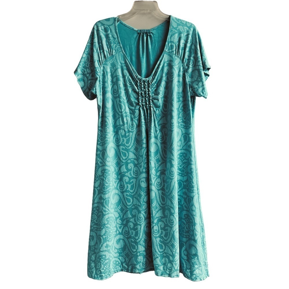 Fresh Produce turquoise jersey dress 1X short sleeve Vneck Beachy Casual knit